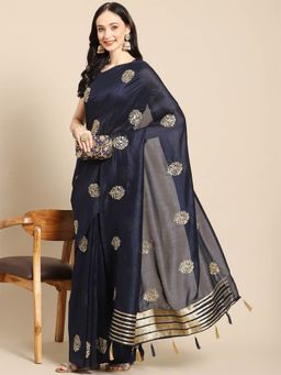 Odette - Navy Blue Silk Embroidered Saree with Unstitched Blouse