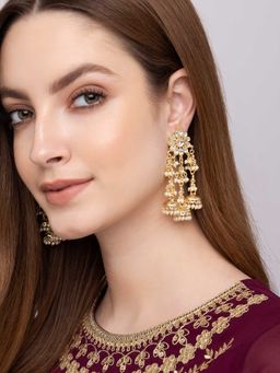 Indya - Gold Floral Kundan Multi Jhumka Drop Dangler Earrings