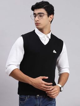 Monte Carlo - Mens Solid Black V Neck Sleeveless Sweater