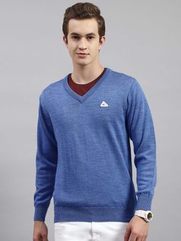 Monte Carlo - Mens Solid Blue V Neck Full Sleeve Pullover Sweater