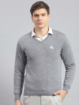 Monte Carlo - Mens Solid Grey Melange V Neck Full Sleeve Pullover Sweater