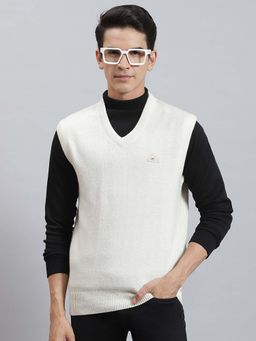 Monte Carlo - Mens Solid Off White V Neck Sleeveless Sweater
