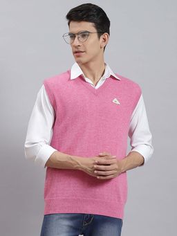 Monte Carlo - Mens Solid Pink V Neck Sleeveless Sweater