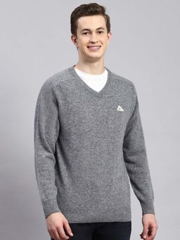 Monte Carlo - Mens Solid Grey V Neck Full Sleeve Pullover Sweater