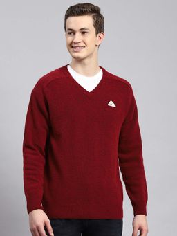 Monte Carlo - Mens Solid Maroon V Neck Full Sleeve Pullover Sweater