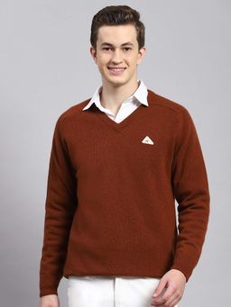Monte Carlo - Mens Solid Rust V Neck Full Sleeve Pullover Sweater