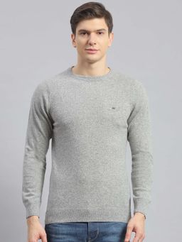 Monte Carlo - Mens Solid Grey Round Neck Full Sleeve Pullover Sweater