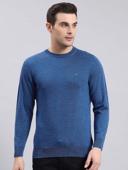 Monte Carlo - Mens Solid Blue Round Neck Full Sleeve Pullover Sweater