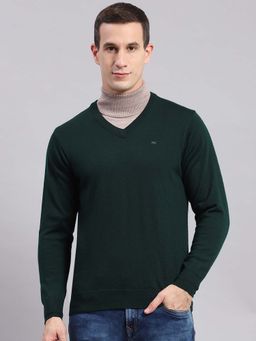 Monte Carlo - Mens Solid Green V Neck Full Sleeve Pullover Sweater