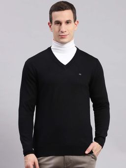 Monte Carlo - Mens Solid Black V Neck Full Sleeve Pullover Sweater
