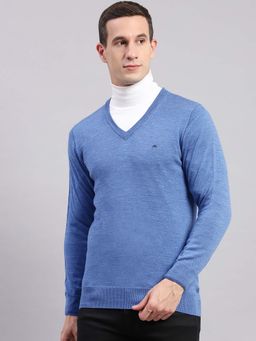 Monte Carlo - Mens Solid Blue V Neck Full Sleeve Pullover Sweater
