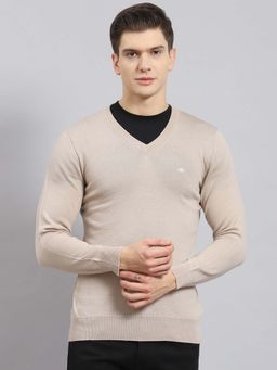 Monte Carlo - Mens Solid Beige V Neck Full Sleeve Pullover Sweater