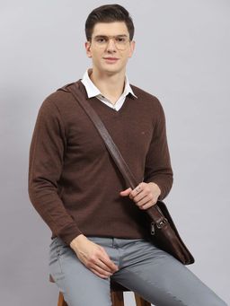 Monte Carlo - Mens Solid Brown V Neck Full Sleeve Pullover Sweater