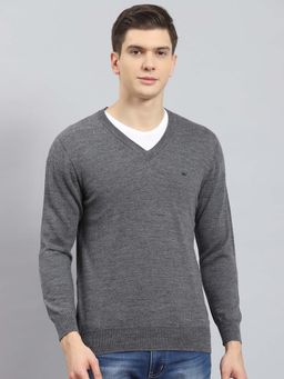 Monte Carlo - Mens Solid Grey V Neck Full Sleeve Pullover Sweater