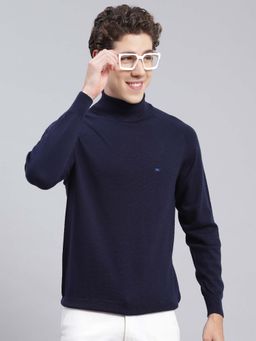 Monte Carlo - Mens Solid Navy Blue High Neck Full Sleeve Pullover Sweater
