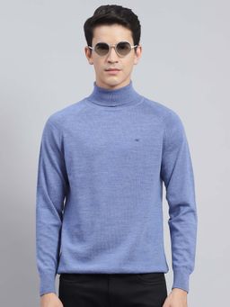 Monte Carlo - Mens Solid Blue High Neck Full Sleeve Pullover Sweater
