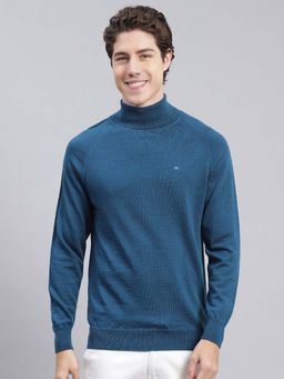 Monte Carlo - Mens Solid Teal High Neck Full Sleeve Pullover Sweater