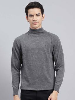 Monte Carlo - Mens Solid Light Grey High Neck Full Sleeve Pullover Sweater