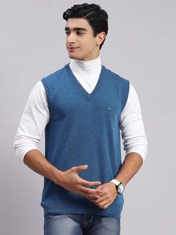 Monte Carlo - Mens Solid Blue V Neck Sleeveless Sweater