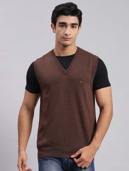 Monte Carlo - Mens Solid Brown V Neck Sleeveless Sweater