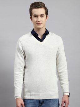 Monte Carlo - Mens Solid Off White V Neck Full Sleeve Pullover Sweater