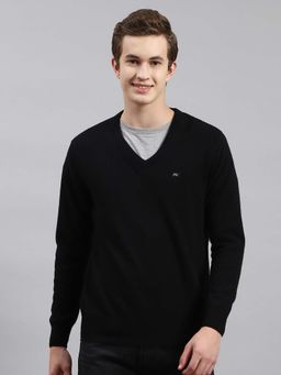 Monte Carlo - Mens Solid Black V Neck Full Sleeve Pullover Sweater