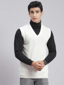 Monte Carlo - Mens Solid White V Neck Sleeveless Sweater