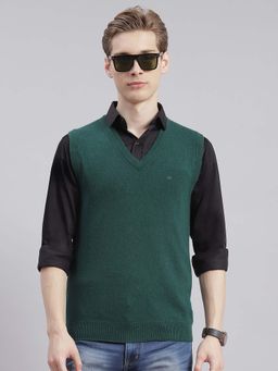 Monte Carlo - Mens Solid Green V Neck Sleeveless Sweater