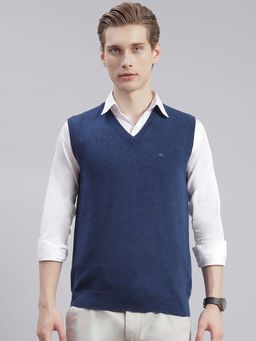 Monte Carlo - Mens Solid Blue V Neck Sleeveless Sweater