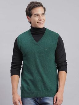 Monte Carlo - Mens Solid Green V Neck Sleeveless Sweater