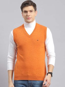 Monte Carlo - Mens Solid Orange V Neck Sleeveless Sweater