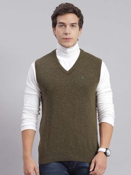 Monte Carlo - Mens Solid Olive V Neck Sleeveless Sweater