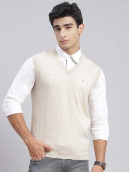 Monte Carlo - Mens Solid Cream V Neck Sleeveless Sweater