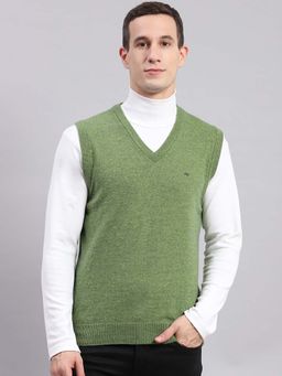 Monte Carlo - Mens Solid Green V Neck Sleeveless Sweater