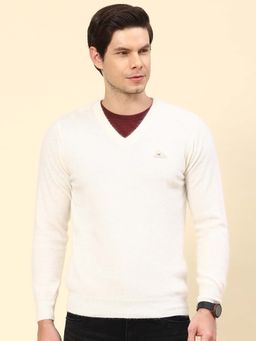 Monte Carlo - Mens Solid Off White V Neck Full Sleeve Pullover Sweater