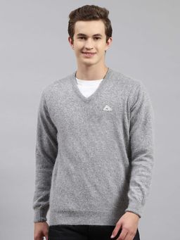 Monte Carlo - Mens Solid Grey V Neck Full Sleeve Pullover Sweater