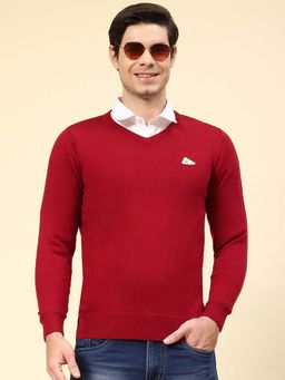 Monte Carlo - Mens Solid Dark Red V Neck Full Sleeve Pullover Sweater