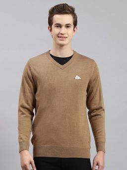 Monte Carlo - Mens Solid Brown V Neck Full Sleeve Pullover Sweater