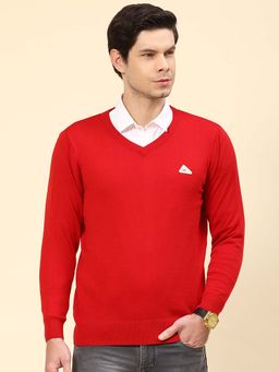 Monte Carlo - Mens Solid Red V Neck Full Sleeve Pullover Sweater
