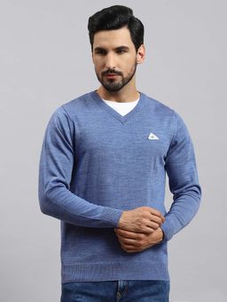 Monte Carlo - Mens Solid Blue V Neck Full Sleeve Pullover Sweater