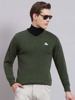 Monte Carlo - Mens Solid Olive V Neck Full Sleeve Pullover Sweater