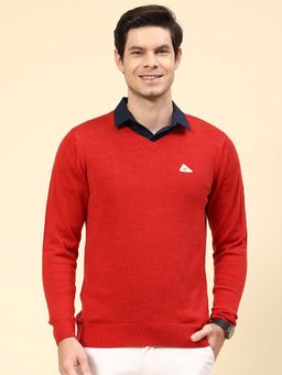 Monte Carlo - Mens Solid Red V Neck Full Sleeve Pullover Sweater