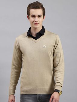 Monte Carlo - Mens Solid Camel Khaki V Neck Full Sleeve Pullover Sweater