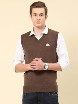 Monte Carlo - Mens Solid Brown V Neck Sleeveless Sweater
