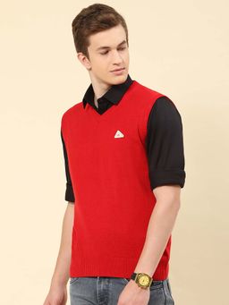 Monte Carlo - Mens Solid Red V Neck Sleeveless Sweater