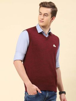 Monte Carlo - Mens Solid Maroon V Neck Sleeveless Sweater
