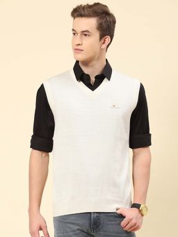 Monte Carlo - Mens Solid Cream V Neck Sleeveless Sweater