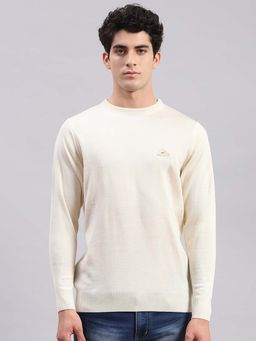 Monte Carlo - Mens Solid Cream Round Neck Full Sleeve Pullover Sweater