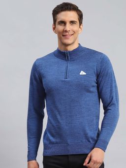 Monte Carlo - Mens Solid Blue High Neck Full Sleeve Pullover Sweater