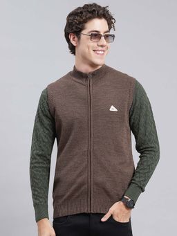 Monte Carlo - Mens Solid Brown Stand Collar Sleeveless Jacket